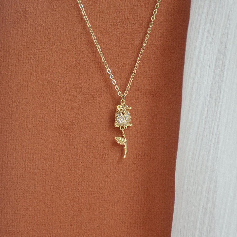 NEW 14K Gold Plated Diamond Rose Flower Necklace a - Picture 4 of 8